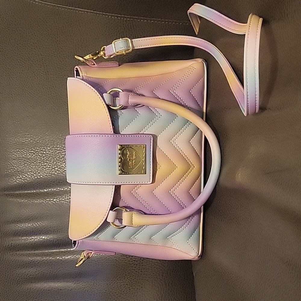 Betsey Johnson Pastel Rainbow Satchel with Crossbody Strap